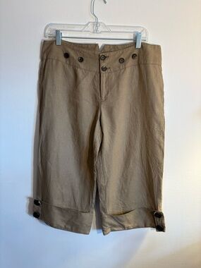 Cache High Rise Linen Capri Pants Size 10 Tan Button Detail Cuffed Hem